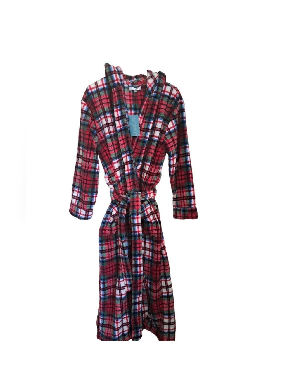 ALEXANDER DEL ROSSA plush plaid hooded bathrobe check robe COZY coastal TAGS SM